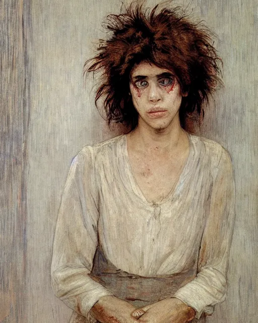 Prompt: a handsome but creepy woman in layers of fear, with haunted eyes and wild hair, 1 9 7 0 s, seventies, wallpaper, a little blood, moonlight showing injuries, delicate embellishments, painterly, offset printing technique, by jules bastien - lepage
