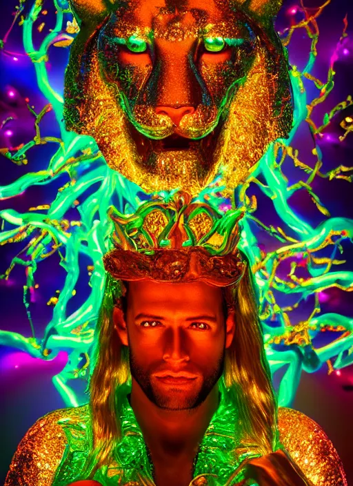 Prompt: photo of baroque and bladerunner delicate neon ruby sculpture of seductive ceramic albino king william levy tigers orange iridescent humanoid deity wearing metallic green hoody made out of leaves holding the sun in a reflective prismatic dungeon, reclining, glowing rainbow face, crown of white diamonds, cinematic lighting, photorealistic, octane render 8 k depth of field 3 d