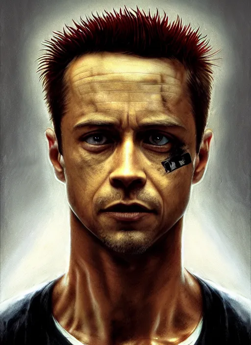 Image similar to artstation concept of tyler durden from fight club, concept art, translucent skin, ultrafine detail, matte painting, symmetrical face, fantasy science, science background, sci-fi, hyperdetailed, artstation trending, world renowned artists, worth1000.com, historic artworks society, antique renewel, cgsociety, by greg rutkowski, by Gustave Dore, Deviantart