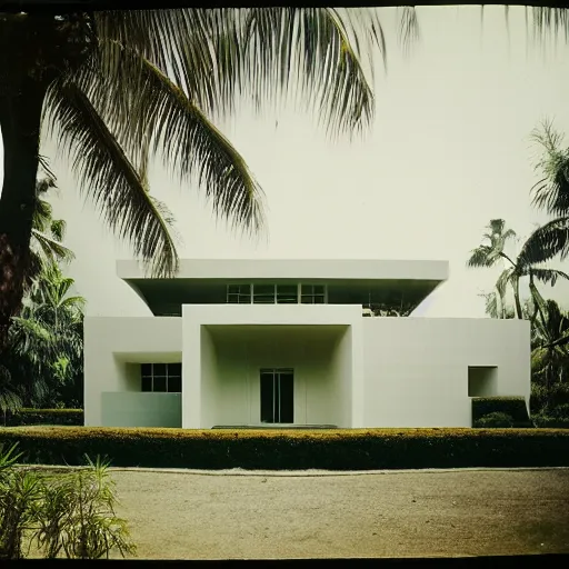 Prompt: photo on zenith, hyperrealistic white house by tadao ando in the tropical wood, palms, overgrown place, 7 0 s, mystic, melancholy, pinhole analogue photo quality, lomography, scratches on photo, noise effect, blur effect