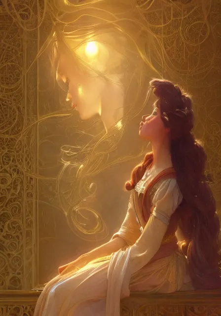 Image similar to rapunzel gold sun lights, intricate, elegant, highly detailed, digital painting, artstation, concept art, smooth, sharp focus, illustration, art by artgerm and greg rutkowski and alphonse mucha and william - adolphe bouguereau