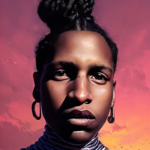 Prompt: closeup portrait of asap rocky, dramatic light, gorgeous view, depth, high detail, digital art, painted by greg rutkowski and seb mckinnon, by tim burton, trending on artstation