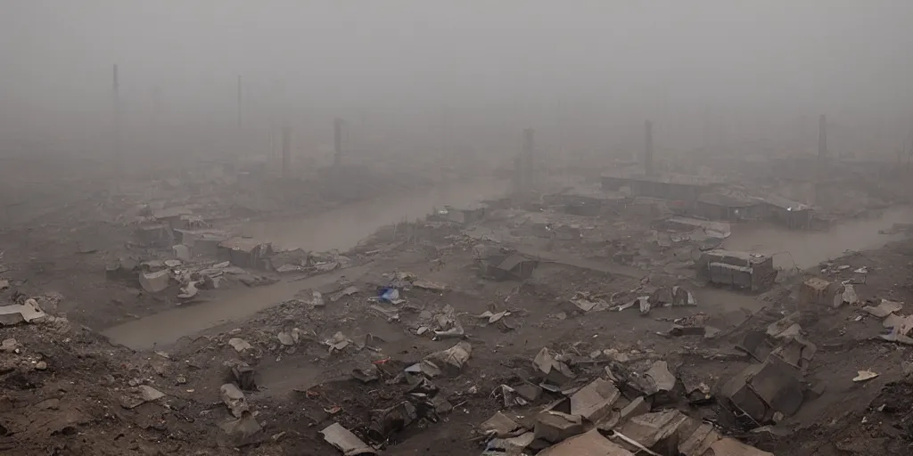 Prompt: industrial mine, pollution, haze, film still from wes anderson movie, baotou china,