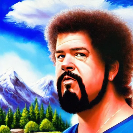 Image similar to a closeup photorealistic photograph of bob ross style kenny powers playing baseball, painting on a canvas. mountains and trees. film still. brightly lit scene. this 4 k hd image is trending on artstation, featured on behance, well - rendered, extra crisp, features intricate detail, epic composition and the style of unreal engine.