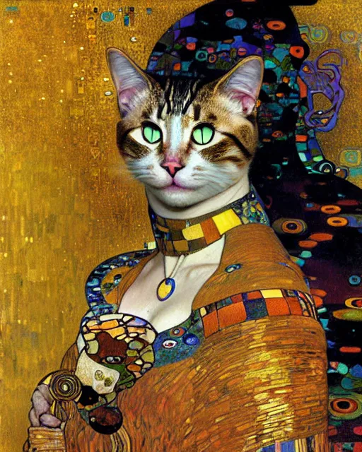 Image similar to cat portrait an oil painting splashes with many colors and shapes by gustav klimt greg rutkowski and alphonse mucha, polycount, generative art, psychedelic, fractalism, glitch art