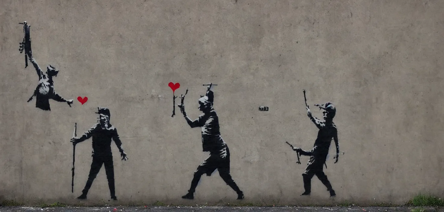 Prompt: love war and apocalypse, banksy, street art