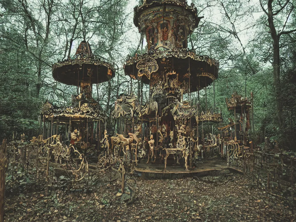 Prompt: a haunted creepy abandoned secret carousel with elaborately intricate carved wooden figures of animals, pine treehouse, slime, swamp, discovered in a secret garden, hedgemaze, photo taken on fujifilm superia film, 3 5 mm film