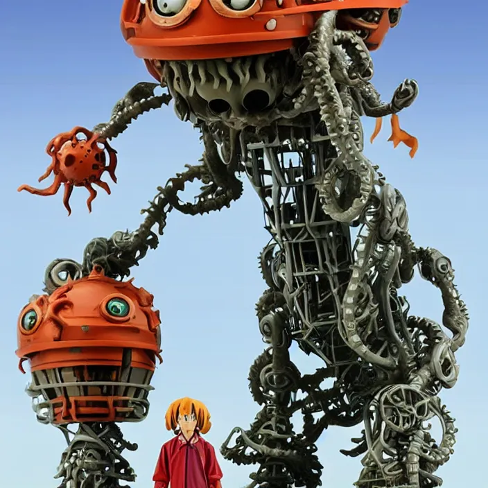 Prompt: A Lovecraftian giant mechanized adorable miniature creatures from Studio Ghibli Howl's sunbath on the beach tower (2004) as a 1980's Kenner style action figure, , full body, 4k, highly detailed. award winning sci-fi. look at all that detail!