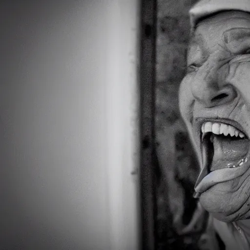 Image similar to scary old lady laughing in an abandoned prison, security camera, black and white, real