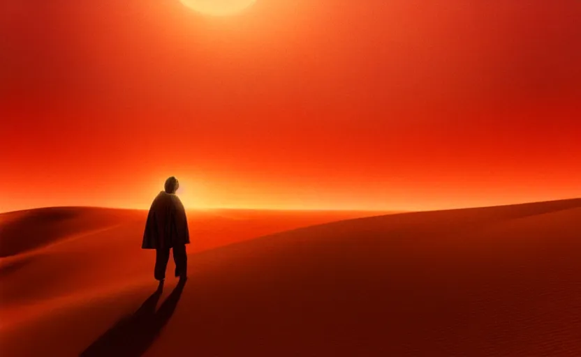 Prompt: a man on a sand dune, silhouetted against the horizon, desert landscape, simple robe blowing in the wind, sun setting, orange and red sky, detailed, futuristic, volumetric light, intricate, detailed, photorealistic imagery, artstation, by Greg Rutkowski and Gaston Bussiere