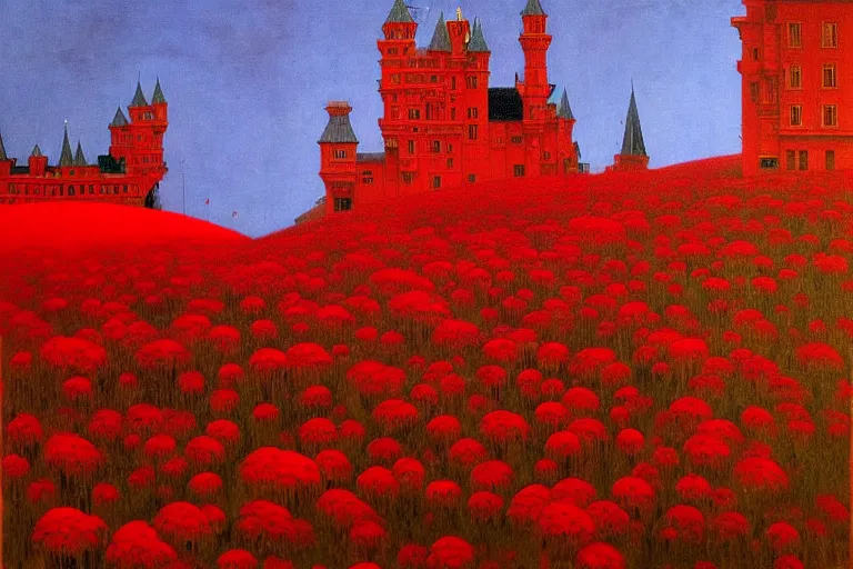 Image similar to only with red, red flowers of different types, red castle in background, red medieval big goblins, in the style of beksinski, parts by edward hopper, parts by rodcenko, parts by yue minjun, intricate and epic composition, red by caravaggio, insanely quality, highly detailed, masterpiece, red light, artstation, 4 k