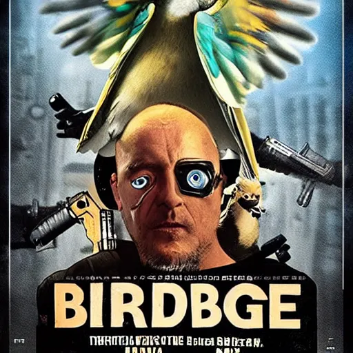 Prompt: Badass movie poster about a half budgie half cyborg action hero