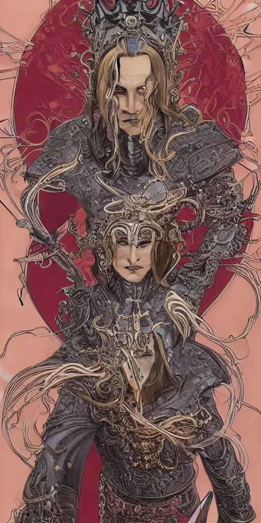 Prompt: a stunning and dramatic full color art nouveau bordered and styled bust portrait of elric as a godlike and stoic chaos king with malevolent dark red eyes, an intricately detailed black sword and armor and crown, by travis charest, moebius and p. craig russell, 8k, hyperdetailed, fineliner, splatter, bleed, bill sienkiewicz