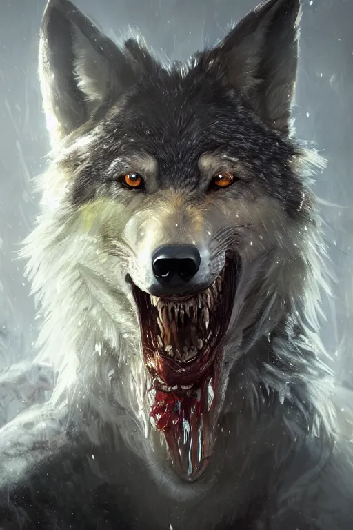 Image similar to a fancy portrait of a zombiefid wolf with crystal teeth by Greg Rutkowski, Sung Choi, Mitchell Mohrhauser, Maciej Kuciara, Johnson Ting, Maxim Verehin, Peter Konig, final fantasy , mythical, 8k photorealistic, cinematic lighting, HD, high details, atmospheric,