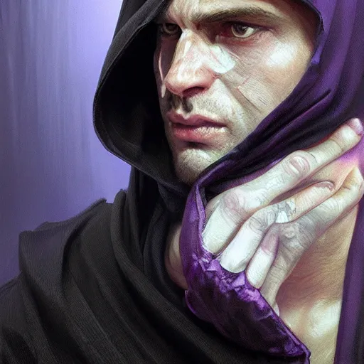 Image similar to ultra realistic illustration, man in a black hood, in a striped purple balaclava, mysterious, highly detailed, digital painting, artstation, concept art, smooth, sharp focus, illustration, art by artgerm and greg rutkowski and alphonse mucha