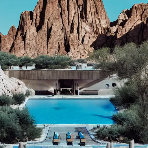 Prompt: brutalism luxury hotel in the desert, biophilia mood, pool, garden, highly detailed, cinematic, photorealistic,