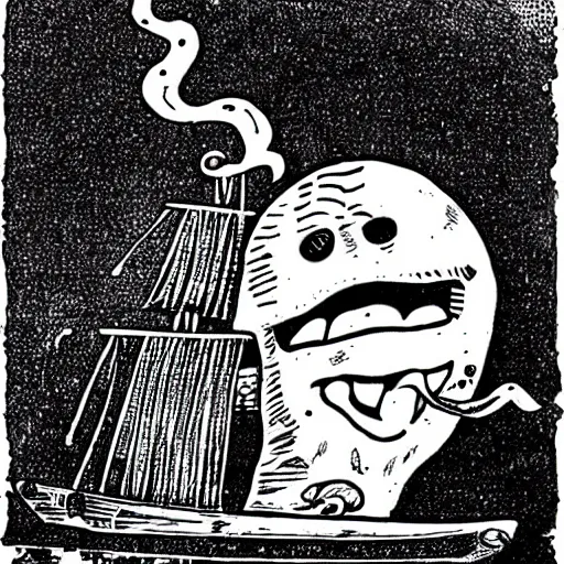 Prompt: a grinning manatee pirate smoking a cigar at the helm of a pirate ship, in the style of eiichiro oda