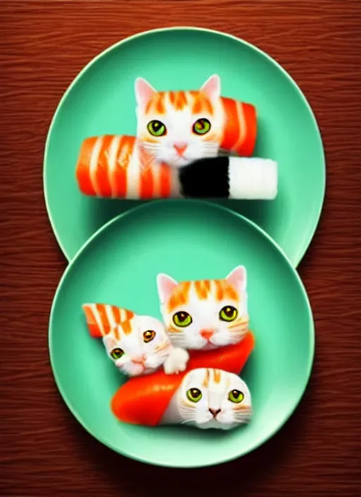 Image similar to clear photorealistic picture of adorable cats made out of sushi