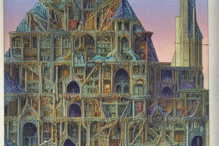 Prompt: scan page of encyclopedia color illustrations : : fantasy architecture, diagrams showing various fantasy architecture styles, insanely detailed, informative texts and graphs