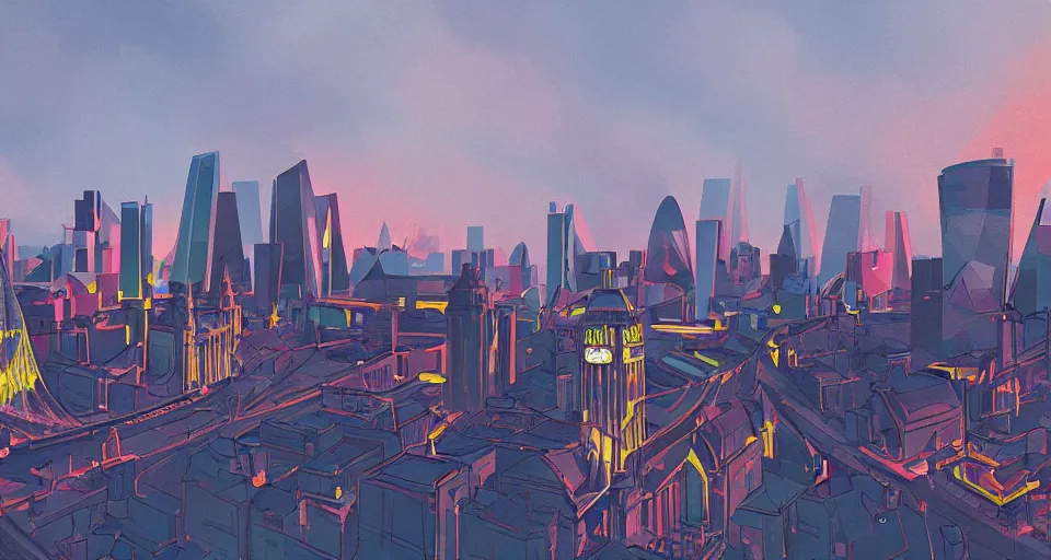 Image similar to color sketch of the london skyline, highly detailed, dramatic lighting, intense shadows, rich deep colours, by james gilleard