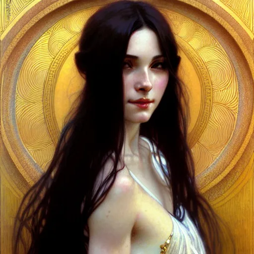 Image similar to Portrait of a beautiful, pale skin, female with long black hair, dark brown eyes, gentle smiling expression, elegant clothing, photorealistic, highly detailed, artstation, smooth, sharp focus, art by Klimt, artgerm, Greg Rutkowski and Alphonse Mucha