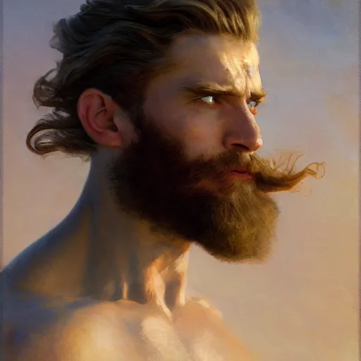 Image similar to detailed cinematic wide shot of muscular attractive masculine sea captain man beard slim face symettrical face clean skin blue eyes white hair, ultra realistic, spring light, painting by gaston bussiere, craig mullins, j. c. leyendecker