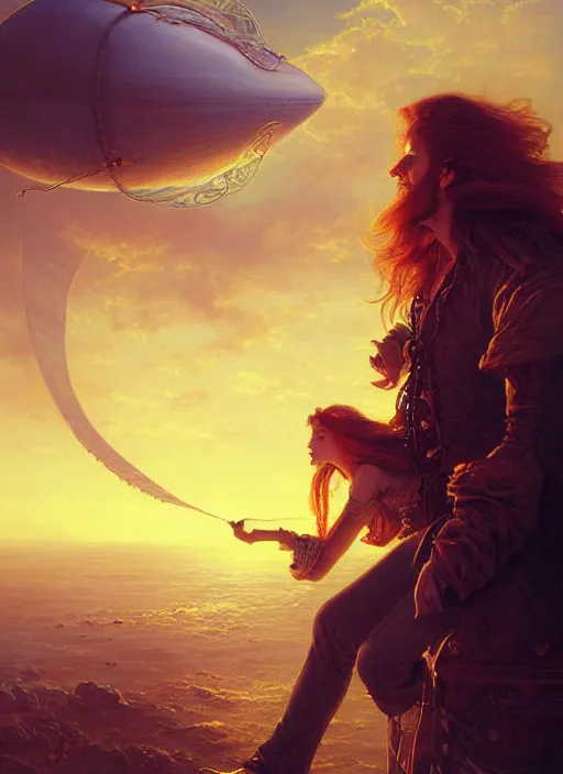 Image similar to portrait painting of a handsome face rugged long hair crimson hair male pirate, top half portrait soft hair steampunk ornate zeppelin blimp airship in the background sky sunset golden hour fantasy soft hair deviantart book cover art dramatic volumetric lighting art by wlop greg rutkowski gaston bussiere