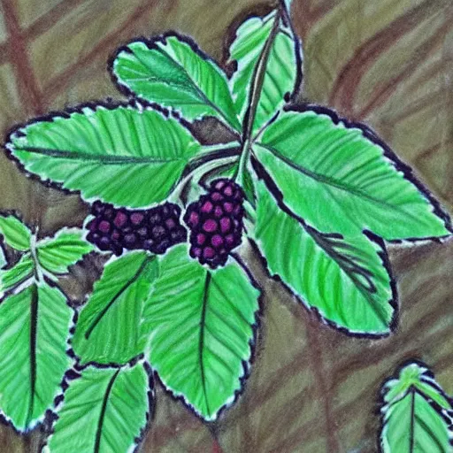 Image similar to children's drawing of a blackberry plant, very poor quality, horrible color palette