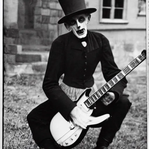 Image similar to vintage photograph of count orlok crouched outside his castle, playing the blues on guitar, 4 k