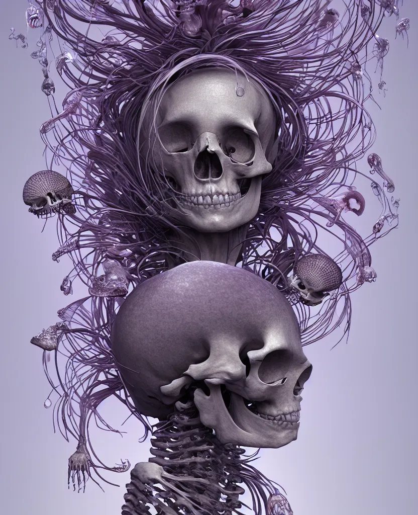 Image similar to goddess close-up portrait human skeleton, ram skull, skeleton, thorax, x-ray, backbone, jellyfish phoenix head, nautilus, orchid, skull, betta fish, bioluminiscent creatures, intricate artwork by Tooth Wu and wlop and beeple. octane render, trending on artstation, greg rutkowski very coherent symmetrical artwork. cinematic, hyper realism, high detail, octane render, 8k