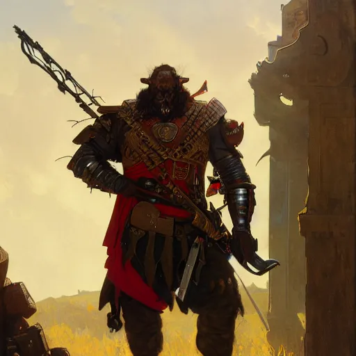 Prompt: Orc male readies his rifle, staring down the telescopic sights. His red and gold cape fluffers in the wind, and his renaissance era armor glistens in the sunshine by Greg rutkowski, Alphonse Mucha, Salvador Dali, digital art, trending on artstation