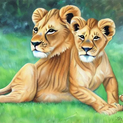 Prompt: a painting of two lion cubs that are symmetrically mirrored because they are the same lion