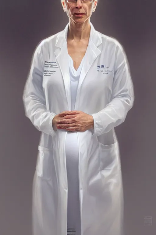 Image similar to pregnant anthony fauci in a translucent white lab coat, realistic portrait, symmetrical, highly detailed, digital painting, artstation, concept art, smooth, sharp focus, illustration, cinematic lighting, art by artgerm and greg rutkowski and alphonse mucha