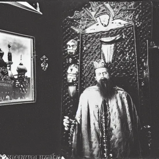 Prompt: ivan the terrible in his chamber in moscow in front of icon of iron man, polaroid, photo, high detail, wide lens,