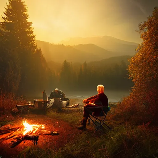 Image similar to stalker and witcher sitting near campfire, by marc adamus, beautiful dramatic lighting