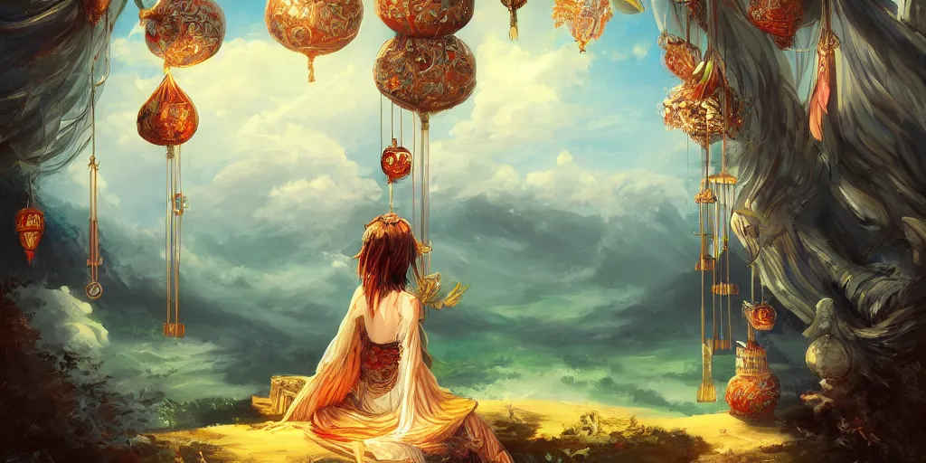 Image similar to painting of wind god enjoying the view from his heavenly palace, decorated with windchimes and paper lanterns, stunning nature in background, digital art trending on artstation