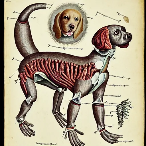 Image similar to anatomical diagram of a puppet dog, by maria sibylla merian