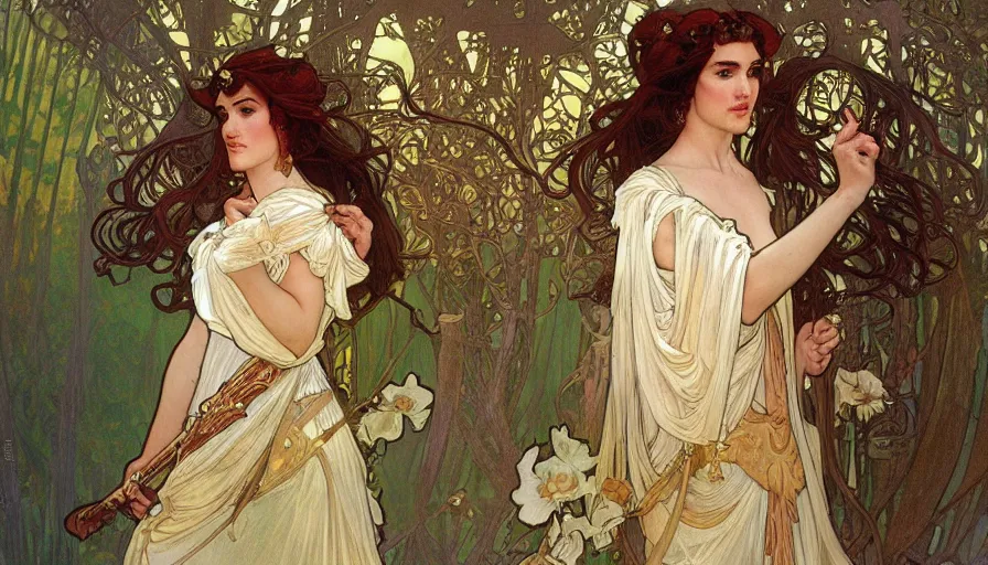 Prompt: A beautiful detailed painting of jennifer connelly as a female angel warrior in a magical forest by alphonse mucha and Kalin Popov , Trending on artstation HD.