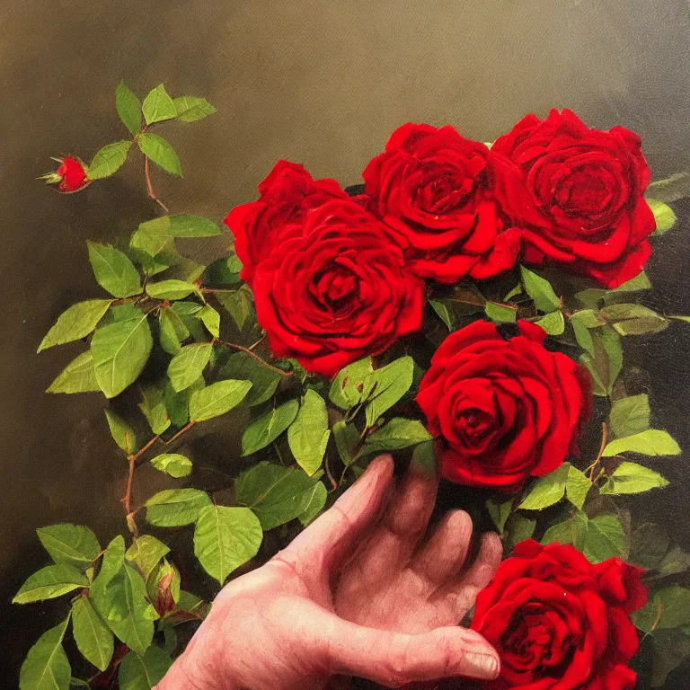 Prompt: a drop of blood fell from the finger of the hand and falls down a bush with roses, oil painting style,