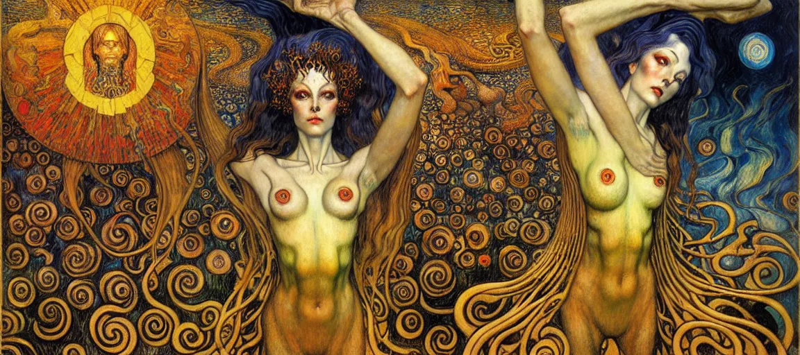 Image similar to Divine Chaos Engine by Karol Bak, Jean Delville, William Blake, Gustav Klimt, and Vincent Van Gogh, symbolist, visionary