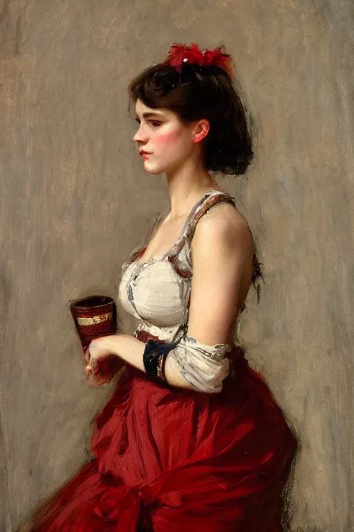 Image similar to Solomon Joseph Solomon and Richard Schmid and Jeremy Lipking victorian genre painting full length portrait painting of a young beautiful woman traditional german french barmaid in fantasy costume, red background