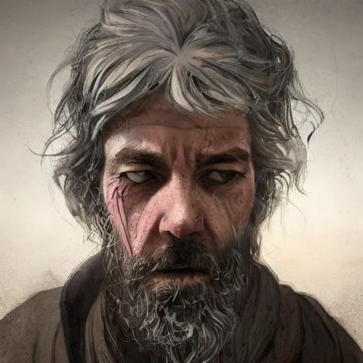 Image similar to Epic portrait A sad homeless man tearing up, sad, dirty clothes, beard, tears, digital painting, artstation, concept art, soft light, hdri, smooth, sharp focus, illustration, fantasy, intricate, elegant, highly detailed, D&D, matte painting, in the style of Greg Rutkowski and Alphonse Mucha and artemisia, 8k, highly detailed, jurgens, rutkowski, bouguereau, pastoral, rustic, georgic