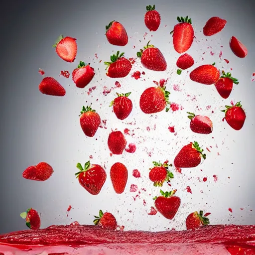 Prompt: many strawberries falling in white milk, thick milk splashes, advertising photo, highspeed photo, studio lighting