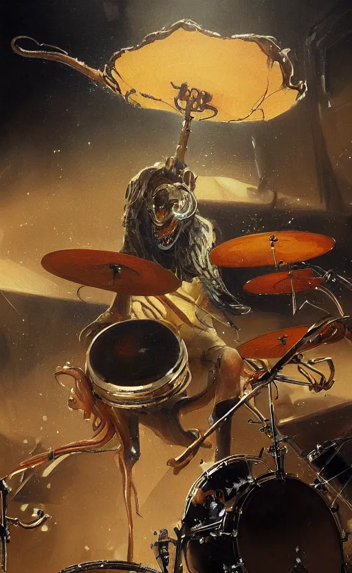 Prompt: a painting of a squid banging the drums with its tentales, by greg rutkowski, featured on artstation