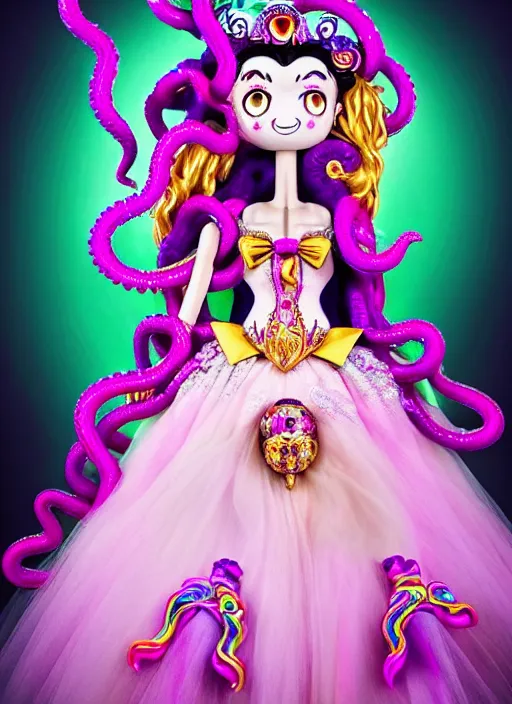 Image similar to A full body shot of a cute and mischievous monster princess with Sailor Moon hair made of tentacles wearing an ornate ball gown covered in jewels. Dynamic Pose. Quinceanera dress. Rainbow palette. rainbowcore. Eldritch Beauty. defined facial features, symmetrical facial features. Opalescent surface. beautiful lighting. By Giger and Ruan Jia and Artgerm and WLOP and William-Adolphe Bouguereau. Fantasy Illustration. Sailor Moon hair. Masterpiece. trending on artstation, featured on pixiv, award winning, cinematic composition, dramatic pose, sharp, details, Hyper-detailed, HD, HDR, 4K, 8K.