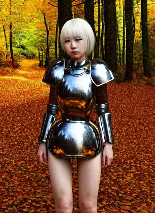 Prompt: a masterpiece hyperrealistic ultradetailed fullbody photograph of a lifelike real human anime girl wearing steel plate armor, autumn forest background, made by wlop, trending on artstation, crying, actual person, k - pop, rough skin pores texture, photoreal image, desaturated, 3 d rendered, unreal engine 5, extremely detailed, sharp focus, 4 k