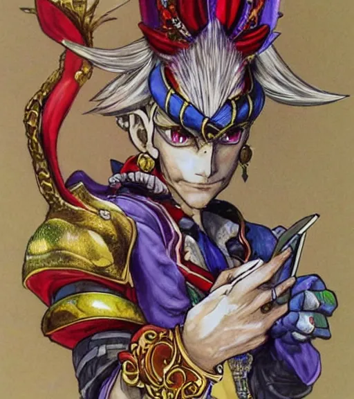 Image similar to kefka palazzo using a smartphone!!!!!!! by yoshitaka amano, concept art