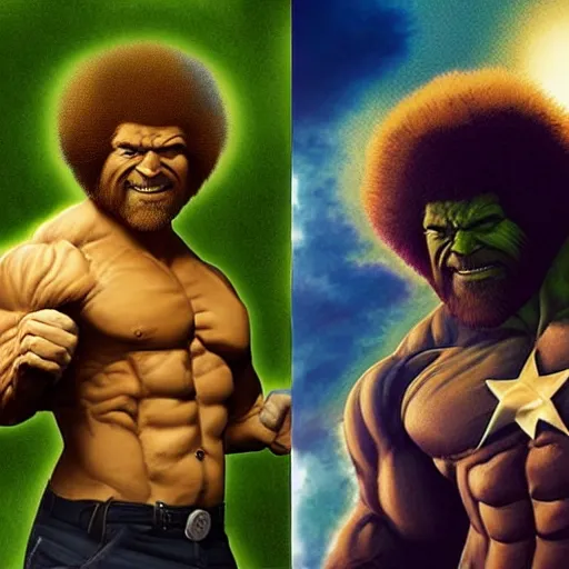 Prompt: photomanipulation of BOB ROSS as hulk, marvel, he is drawing a canvas