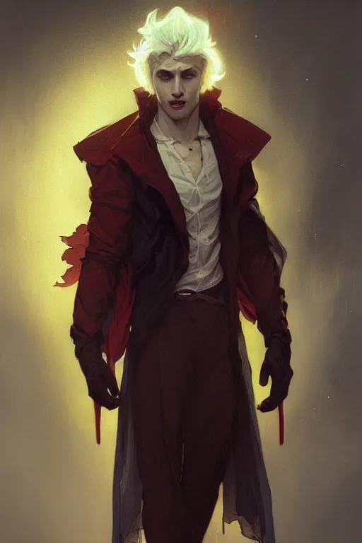 Image similar to portrait of a beautiful young fit male vampire with curly white hairs and yellow eyes, dressed with urban clothes, by greg rutkowski and alphonse mucha, d & d character, gradient white to red, modern nocturnal background, highly detailed portrait, digital painting, artstation, concept art, smooth, sharp focus ilustration, artstation hq