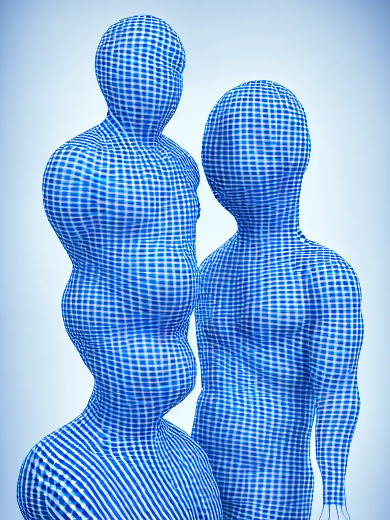 Image similar to a fine art photograph formal self sculpture by the artist kelbv, in distinct hyper realistic style with tubes neatly navigating the contours of his body, and fragmented body littered with light blue and white gingham spheroids, perfect bright studio lighting.